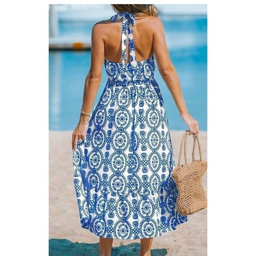 CUPSHE Women's Midi Dress Blue & White Ornate Halterneck Sleeveless Summer Dress - Picture 2 of 5